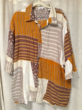 VTG Y2K Lorenier Men's XXL Geometric 100% Linen Short Sleeve Collared Button Up
